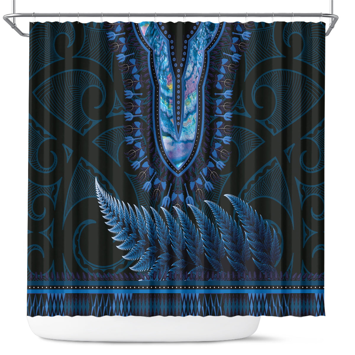 Blue African Dashiki With Aotearoa Maori Shower Curtain Paua Shell Mix Silver Fern