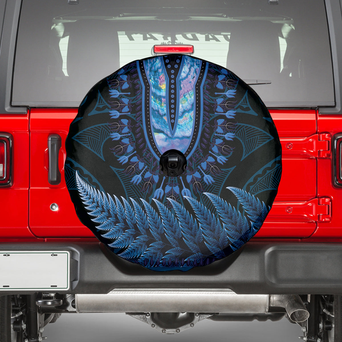 Blue African Dashiki With Aotearoa Maori Spare Tire Cover Paua Shell Mix Silver Fern