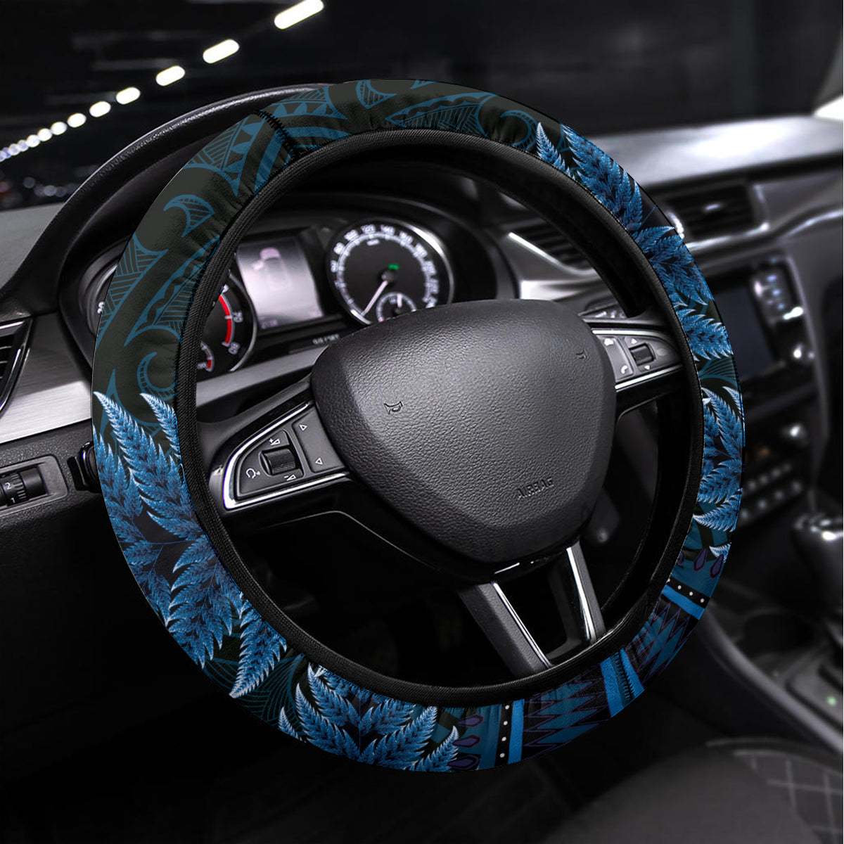 Blue African Dashiki With Aotearoa Maori Steering Wheel Cover Paua Shell Mix Silver Fern