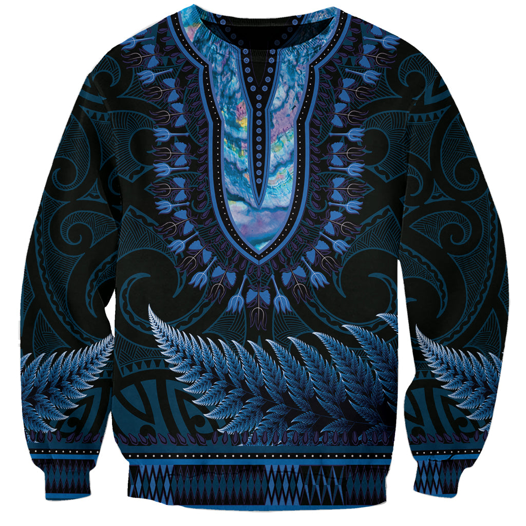 Blue African Dashiki With Aotearoa Maori Sweatshirt Paua Shell Mix Silver Fern LT14 Unisex Blue - Polynesian Pride