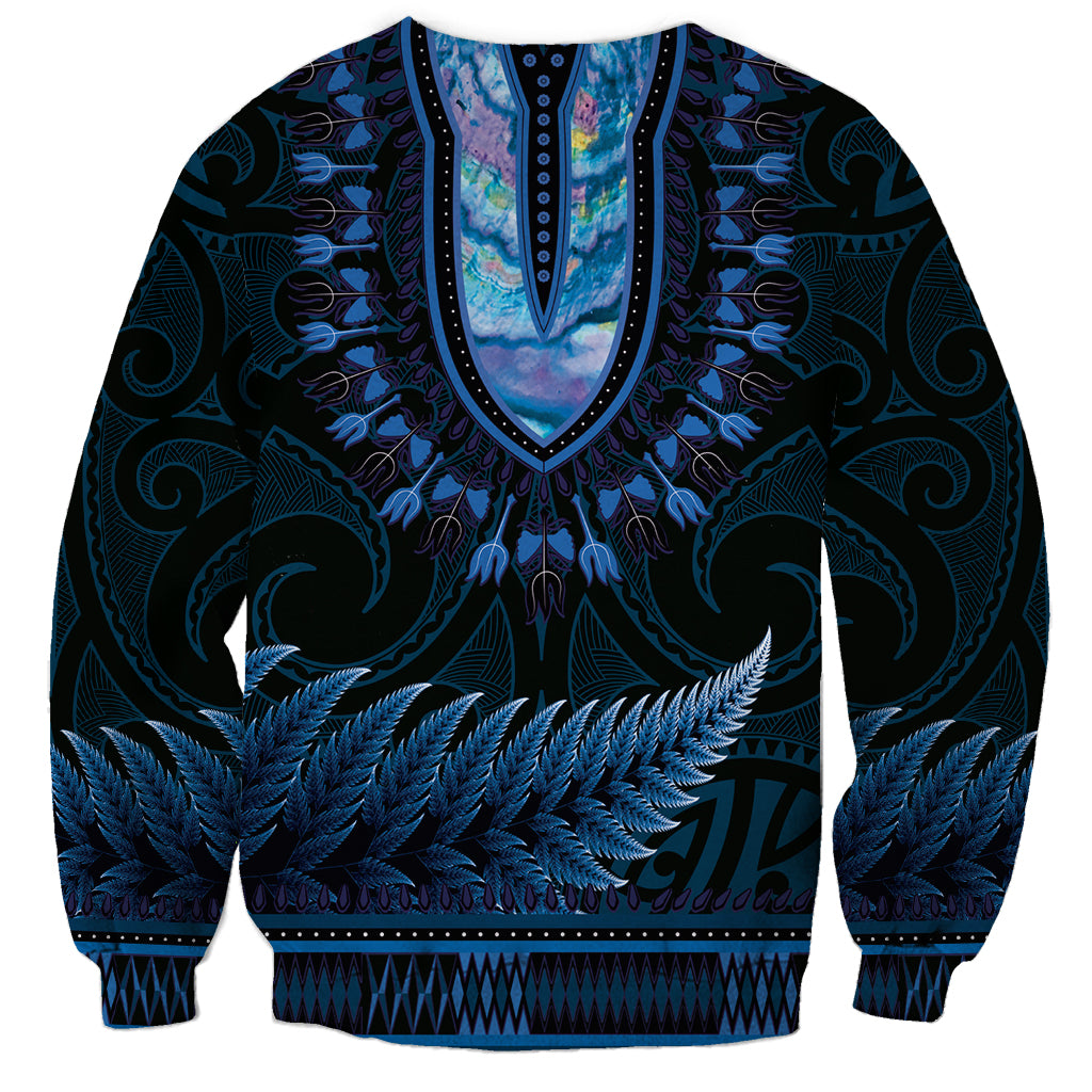 Blue African Dashiki With Aotearoa Maori Sweatshirt Paua Shell Mix Silver Fern LT14 - Polynesian Pride