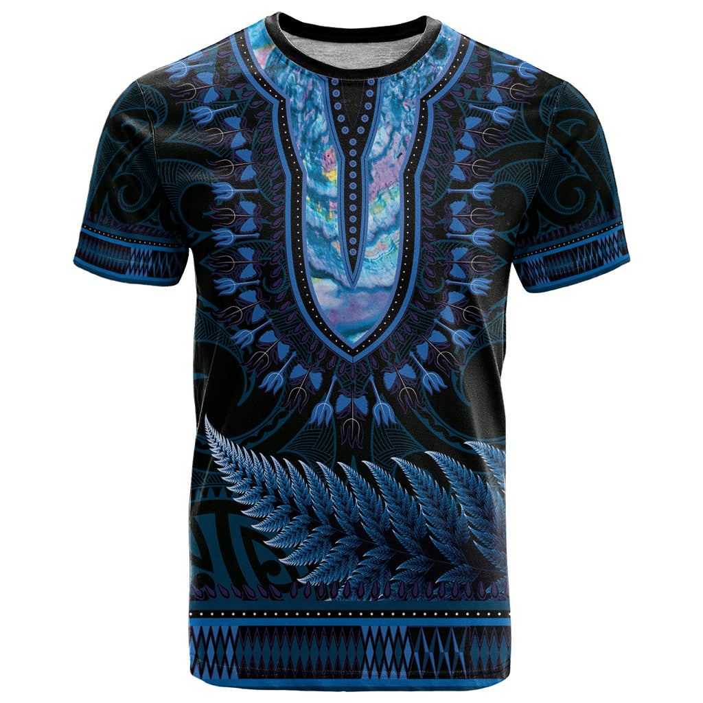 Blue African Dashiki With Aotearoa Maori T Shirt Paua Shell Mix Silver Fern LT14 Blue - Polynesian Pride
