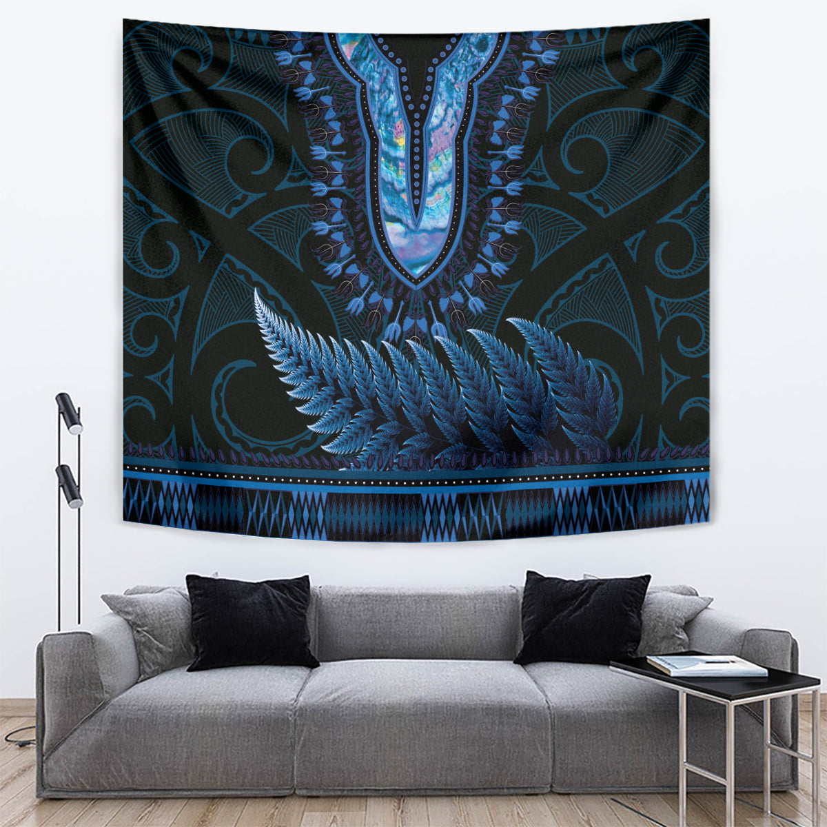 Blue African Dashiki With Aotearoa Maori Tapestry Paua Shell Mix Silver Fern