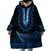 Blue African Dashiki With Aotearoa Maori Wearable Blanket Hoodie Paua Shell Mix Silver Fern
