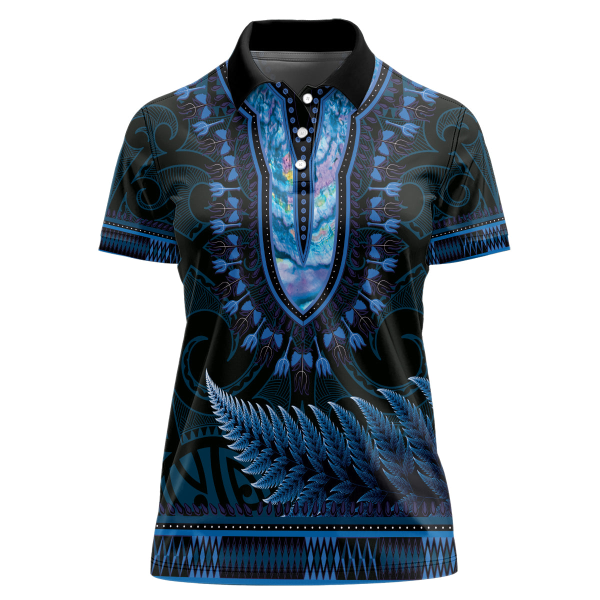 Blue African Dashiki With Aotearoa Maori Women Polo Shirt Paua Shell Mix Silver Fern