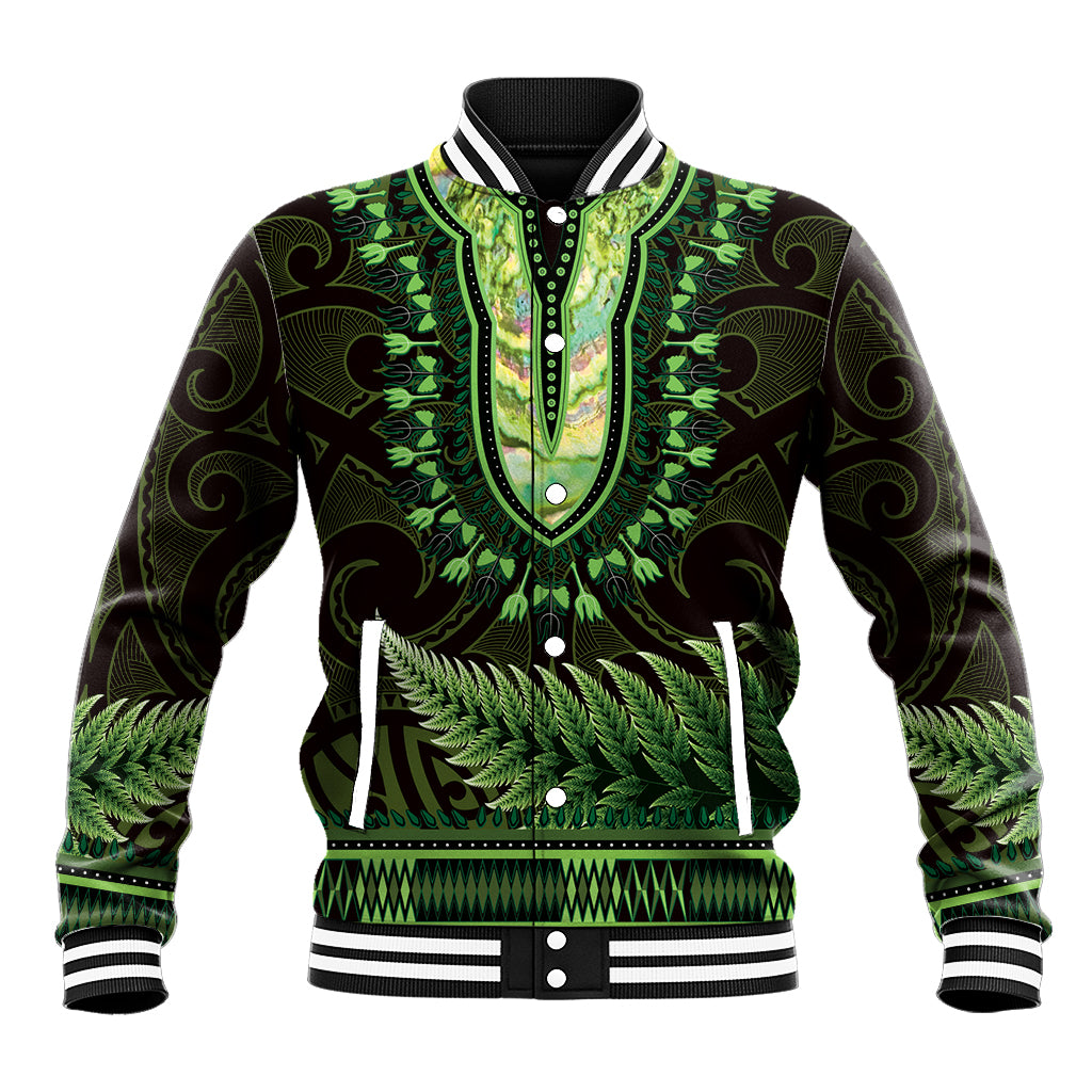 Lime Green African Dashiki With Aotearoa Maori Baseball Jacket Paua Shell Mix Silver Fern LT14 Unisex Lime Green - Polynesian Pride