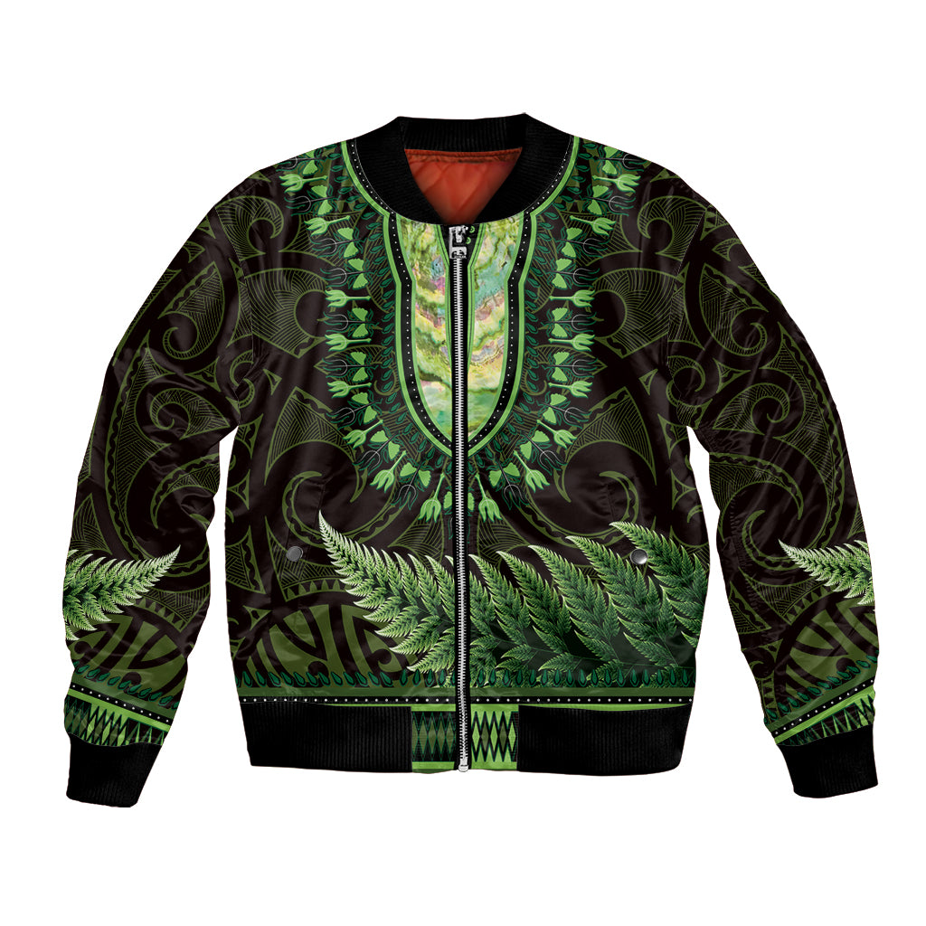 Lime Green African Dashiki With Aotearoa Maori Bomber Jacket Paua Shell Mix Silver Fern