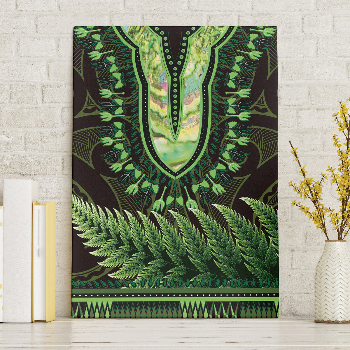 Lime Green African Dashiki With Aotearoa Maori Canvas Wall Art Paua Shell Mix Silver Fern