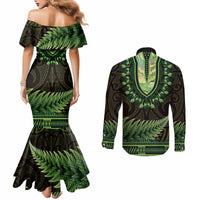Lime Green African Dashiki With Aotearoa Maori Couples Matching Mermaid Dress and Long Sleeve Button Shirt Paua Shell Mix Silver Fern LT14 - Polynesian Pride