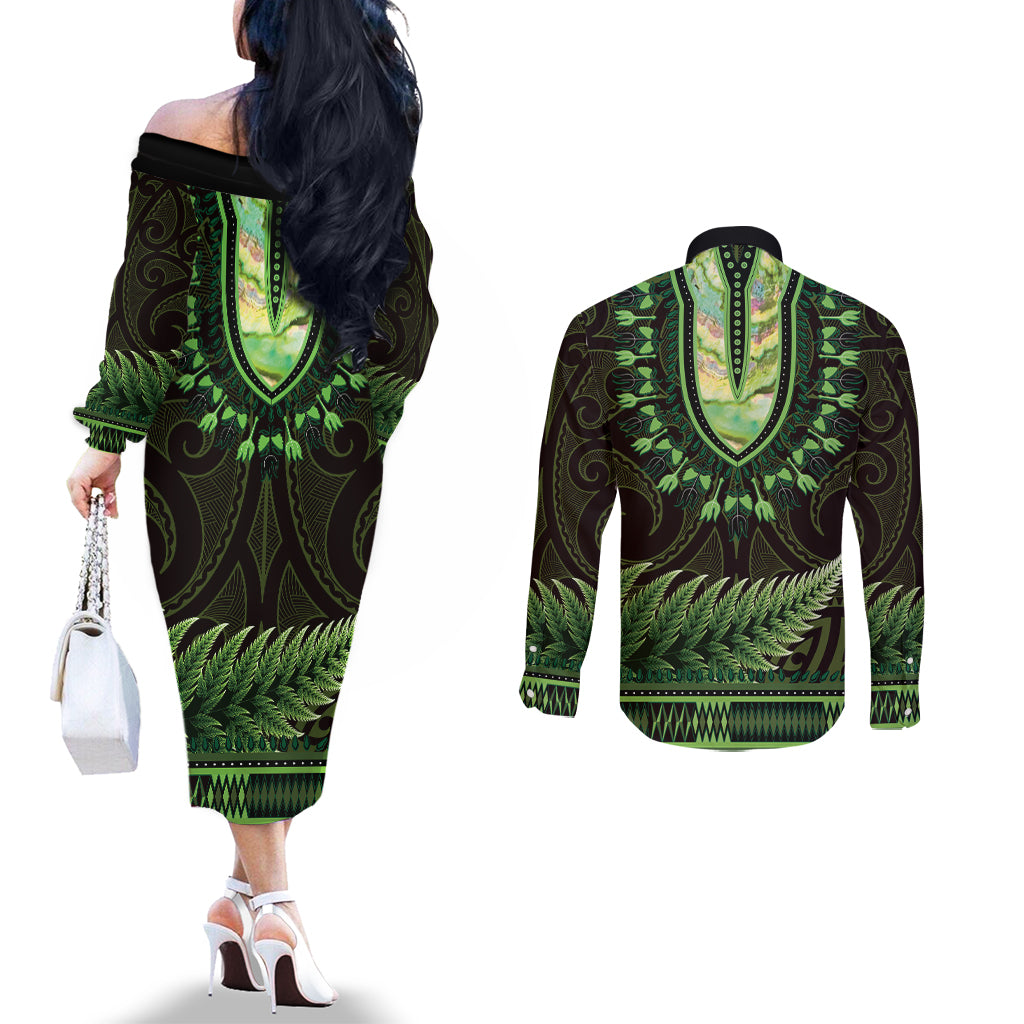 Lime Green African Dashiki With Aotearoa Maori Couples Matching Off The Shoulder Long Sleeve Dress and Long Sleeve Button Shirt Paua Shell Mix Silver Fern LT14 - Polynesian Pride