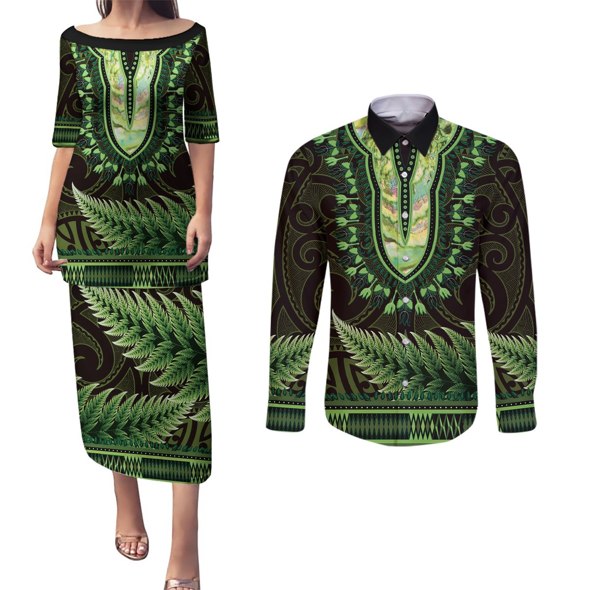Lime Green African Dashiki With Aotearoa Maori Couples Matching Puletasi and Long Sleeve Button Shirt Paua Shell Mix Silver Fern LT14 Lime Green - Polynesian Pride