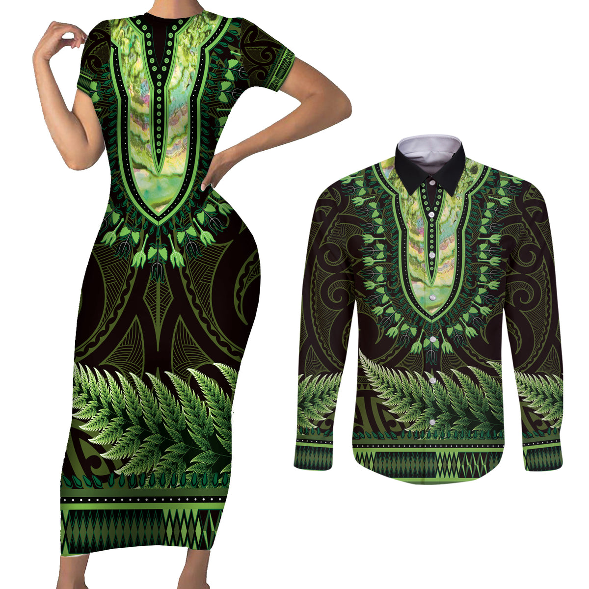 Lime Green African Dashiki With Aotearoa Maori Couples Matching Short Sleeve Bodycon Dress and Long Sleeve Button Shirt Paua Shell Mix Silver Fern LT14 Lime Green - Polynesian Pride