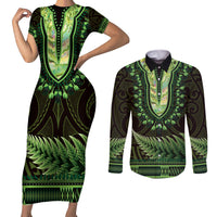 Lime Green African Dashiki With Aotearoa Maori Couples Matching Short Sleeve Bodycon Dress and Long Sleeve Button Shirt Paua Shell Mix Silver Fern LT14 Lime Green - Polynesian Pride