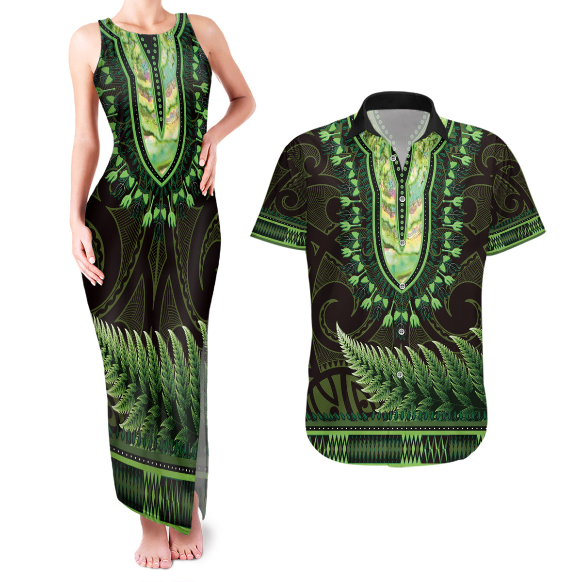 Lime Green African Dashiki With Aotearoa Maori Couples Matching Tank Maxi Dress and Hawaiian Shirt Paua Shell Mix Silver Fern LT14 Lime Green - Polynesian Pride