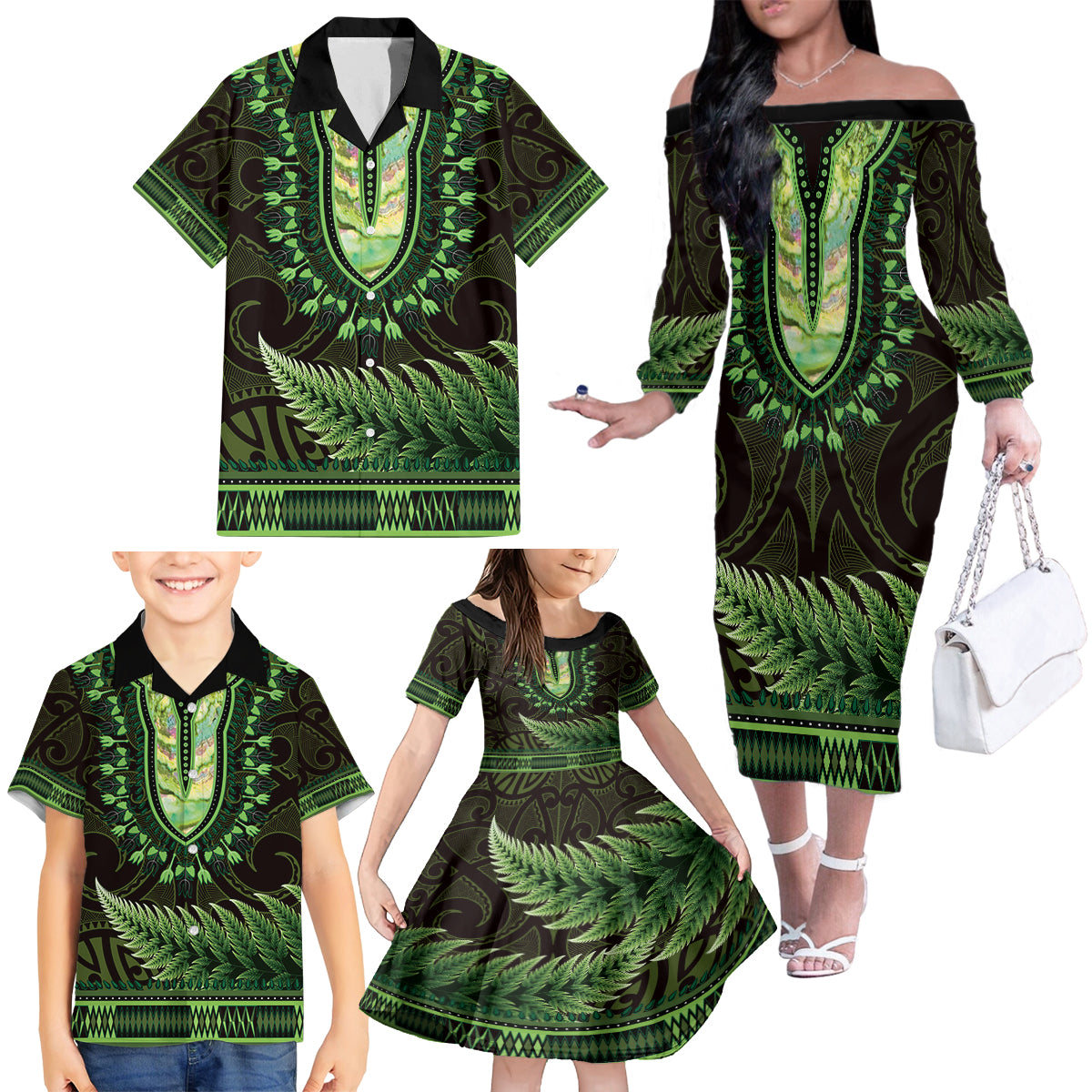 Lime Green African Dashiki With Aotearoa Maori Family Matching Off The Shoulder Long Sleeve Dress and Hawaiian Shirt Paua Shell Mix Silver Fern