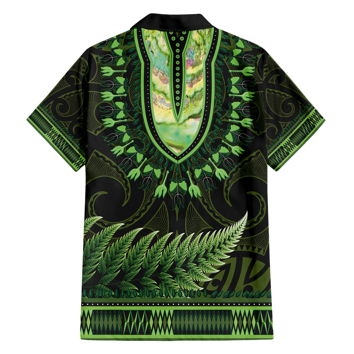 Lime Green African Dashiki With Aotearoa Maori Family Matching Off The Shoulder Long Sleeve Dress and Hawaiian Shirt Paua Shell Mix Silver Fern
