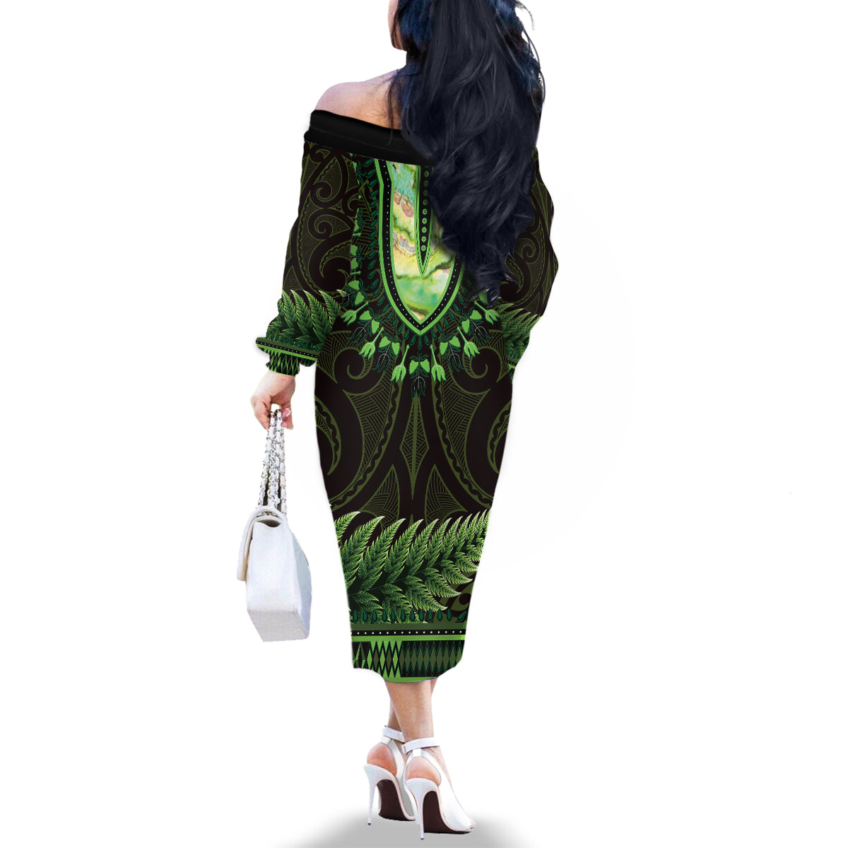 Lime Green African Dashiki With Aotearoa Maori Family Matching Off The Shoulder Long Sleeve Dress and Hawaiian Shirt Paua Shell Mix Silver Fern
