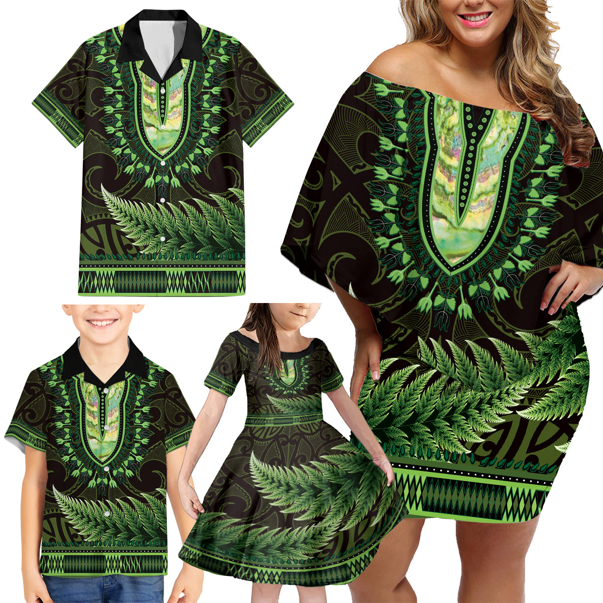 Lime Green African Dashiki With Aotearoa Maori Family Matching Off Shoulder Short Dress and Hawaiian Shirt Paua Shell Mix Silver Fern