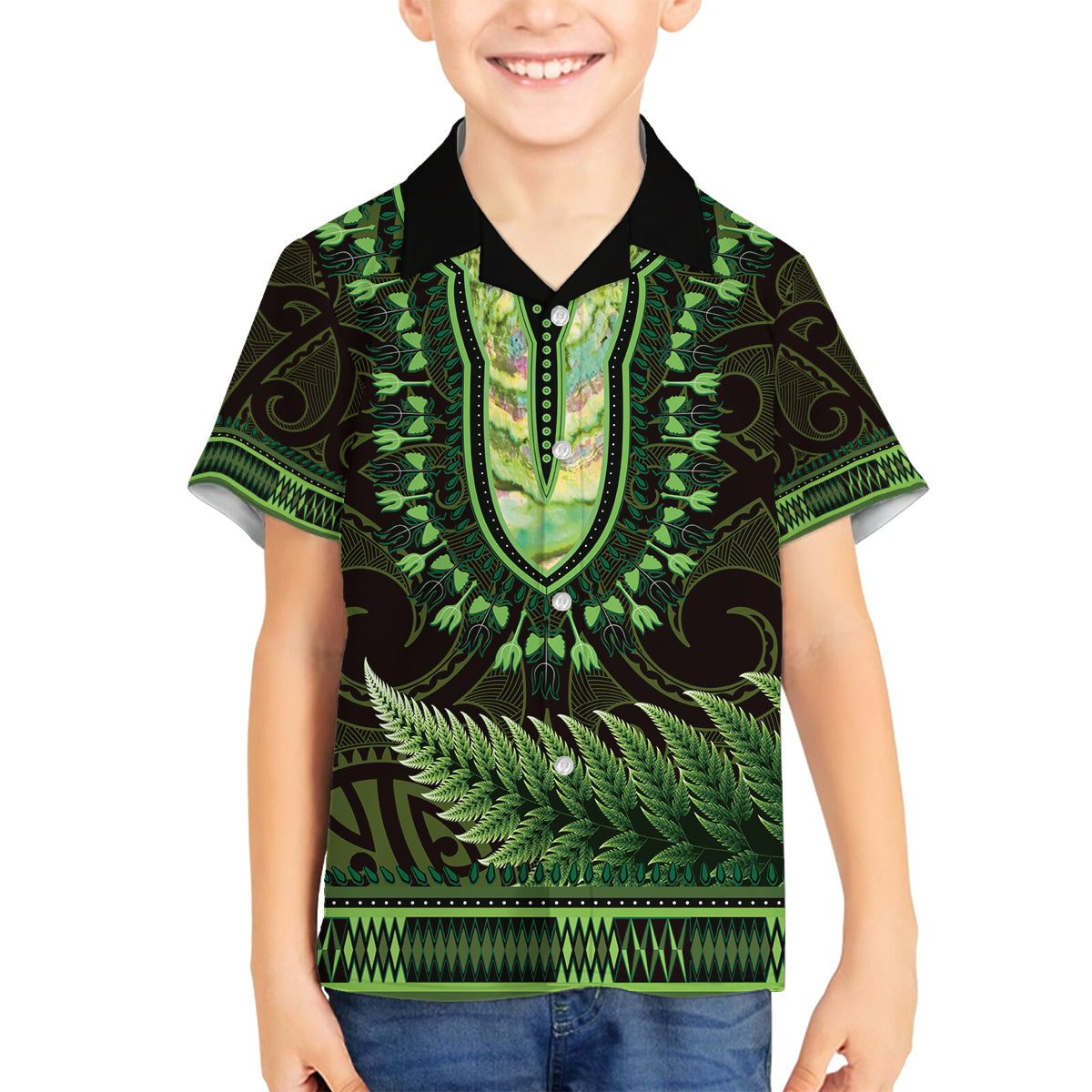 Lime Green African Dashiki With Aotearoa Maori Family Matching Off Shoulder Short Dress and Hawaiian Shirt Paua Shell Mix Silver Fern