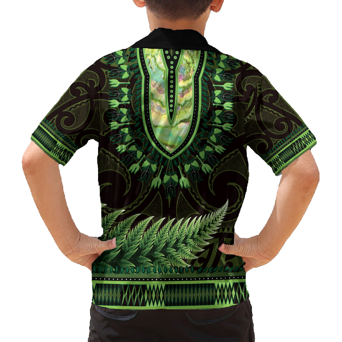 Lime Green African Dashiki With Aotearoa Maori Family Matching Puletasi and Hawaiian Shirt Paua Shell Mix Silver Fern