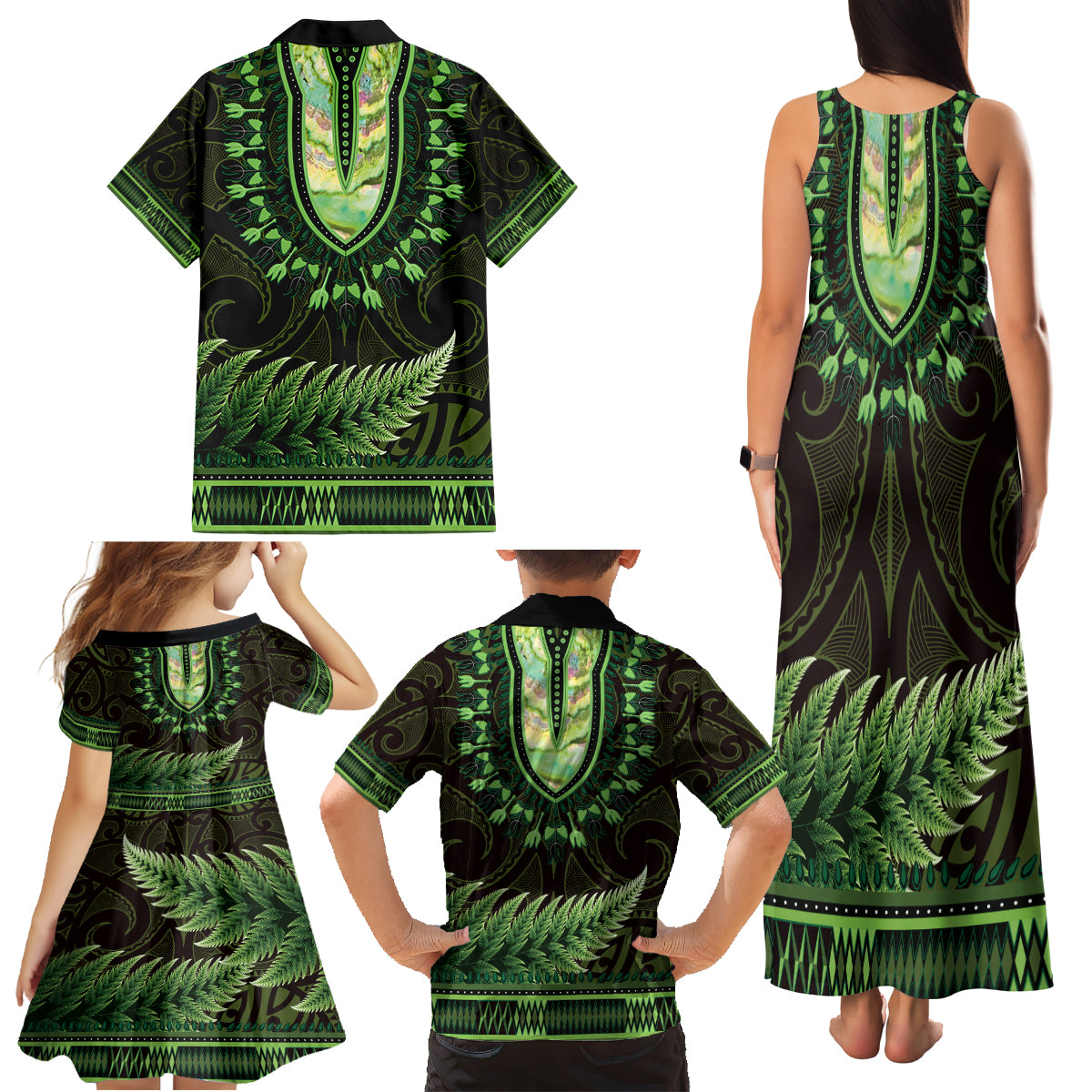 Lime Green African Dashiki With Aotearoa Maori Family Matching Tank Maxi Dress and Hawaiian Shirt Paua Shell Mix Silver Fern