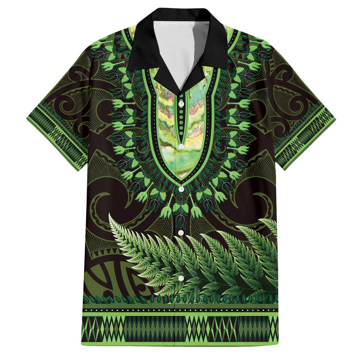 Lime Green African Dashiki With Aotearoa Maori Family Matching Tank Maxi Dress and Hawaiian Shirt Paua Shell Mix Silver Fern