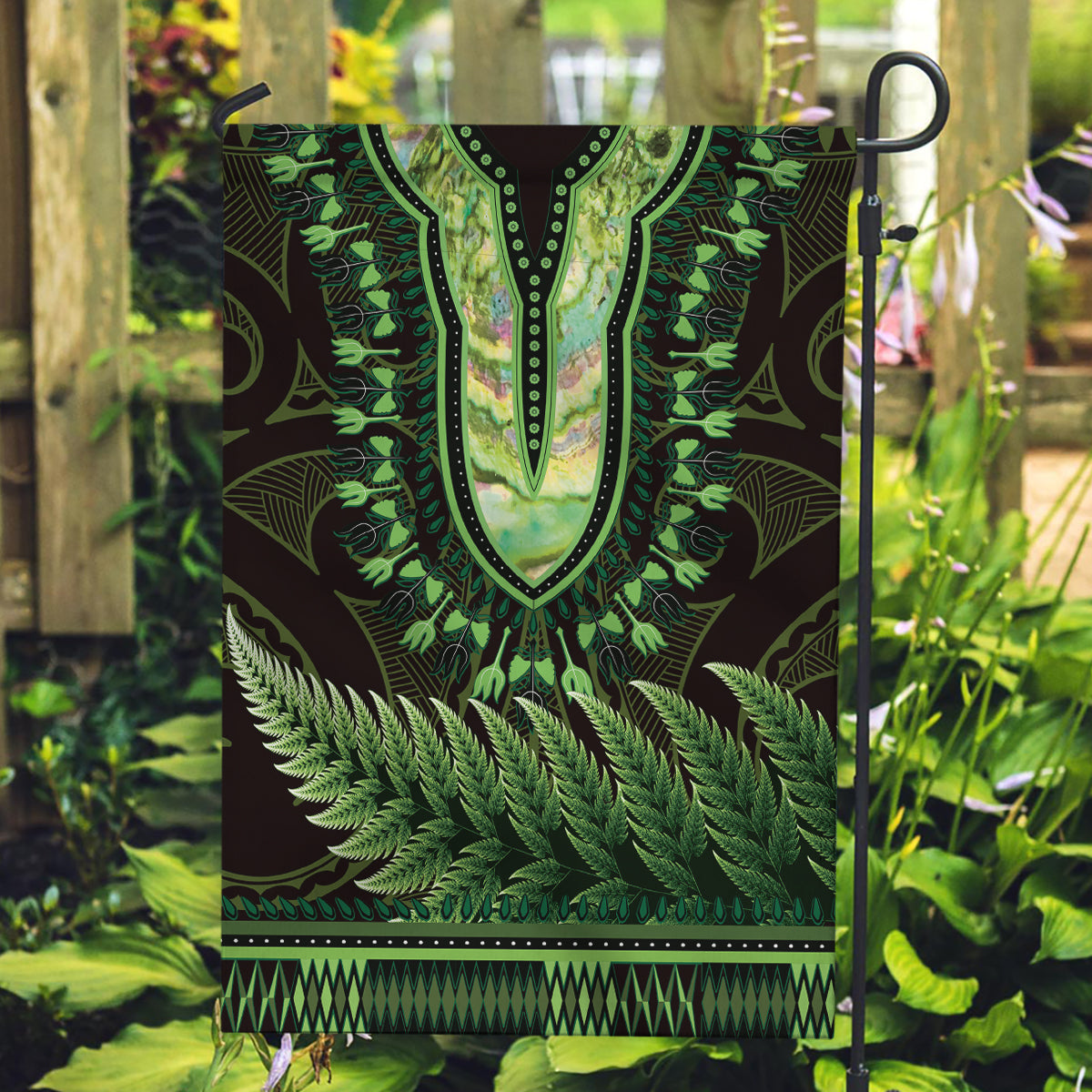 Lime Green African Dashiki With Aotearoa Maori Garden Flag Paua Shell Mix Silver Fern