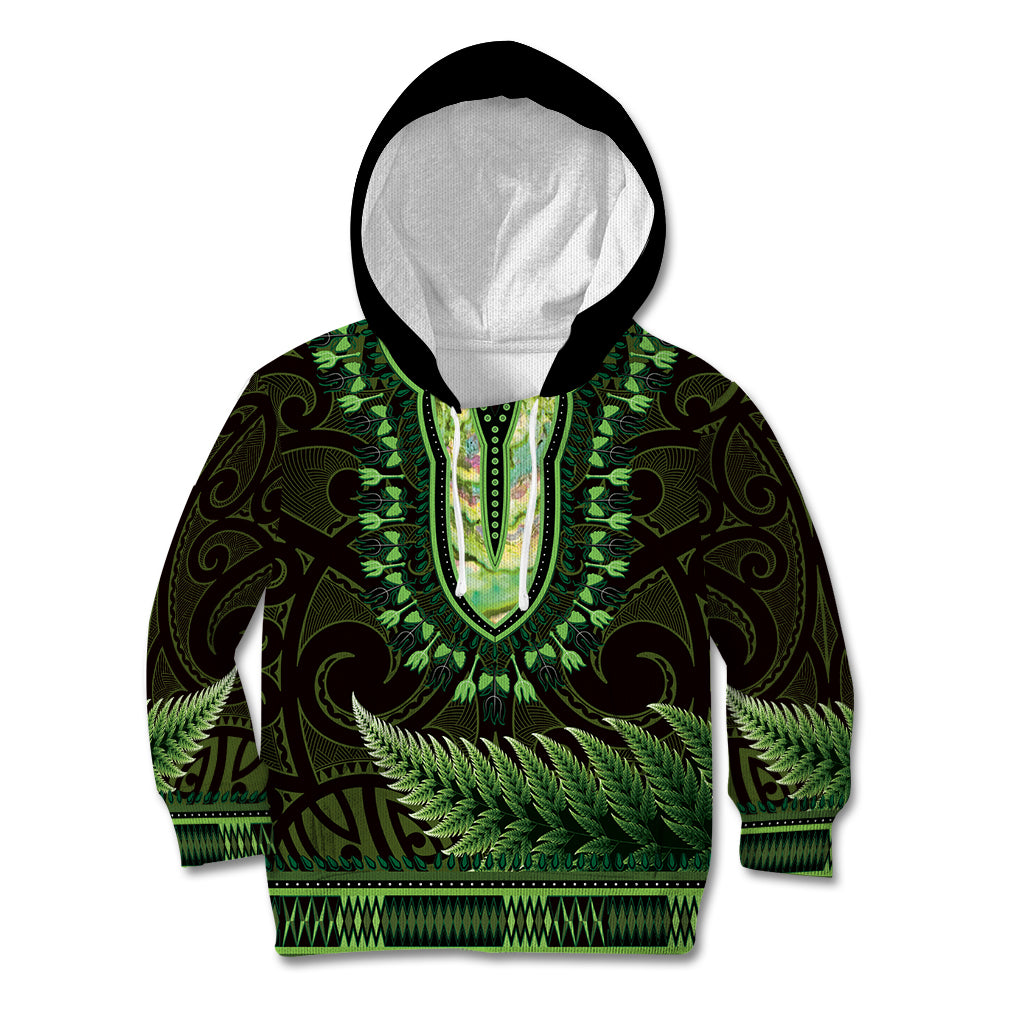 Lime Green African Dashiki With Aotearoa Maori Kid Hoodie Paua Shell Mix Silver Fern