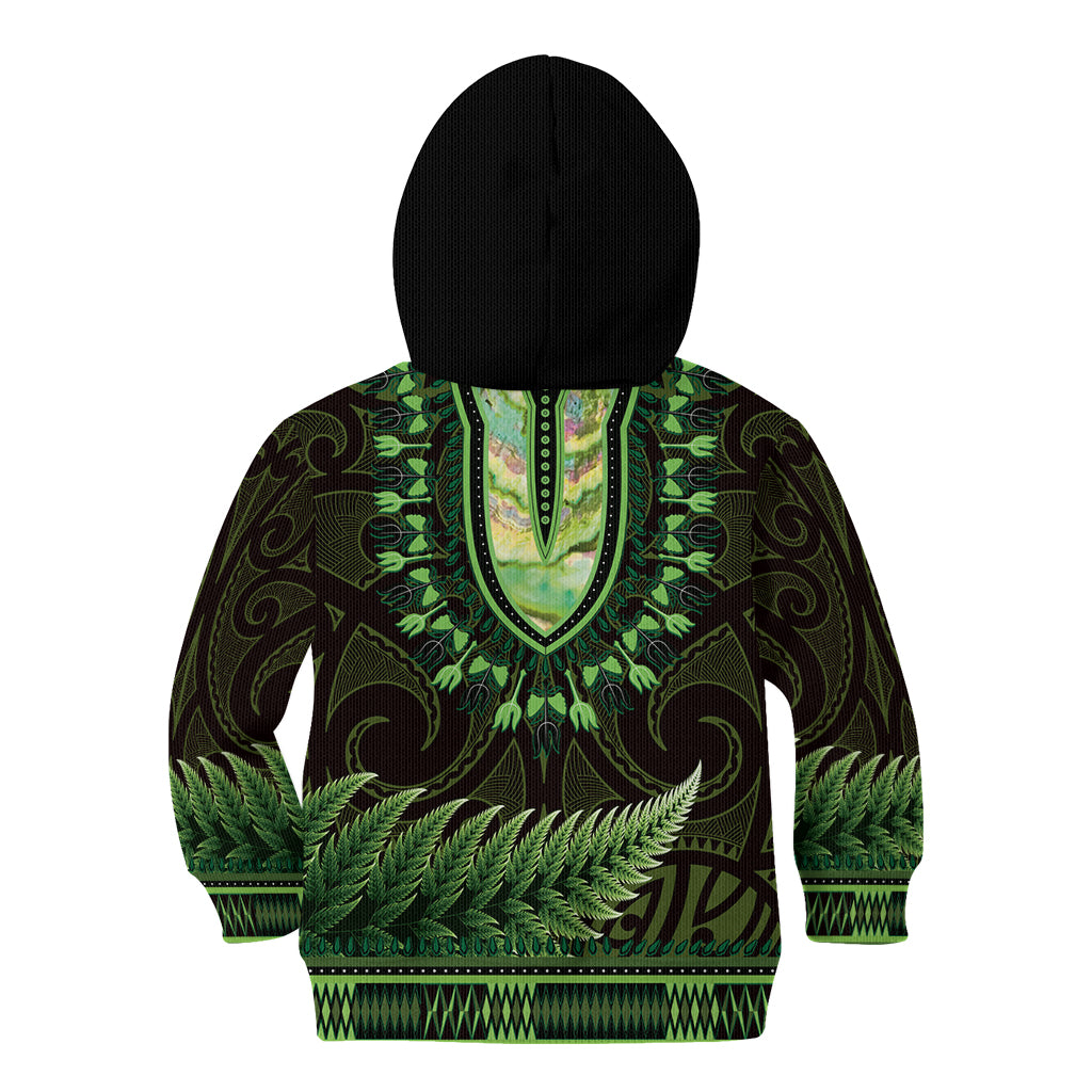 Lime Green African Dashiki With Aotearoa Maori Kid Hoodie Paua Shell Mix Silver Fern