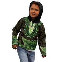 Lime Green African Dashiki With Aotearoa Maori Kid Hoodie Paua Shell Mix Silver Fern