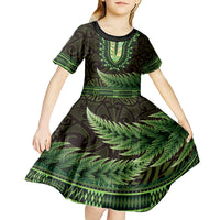 Lime Green African Dashiki With Aotearoa Maori Kid Short Sleeve Dress Paua Shell Mix Silver Fern