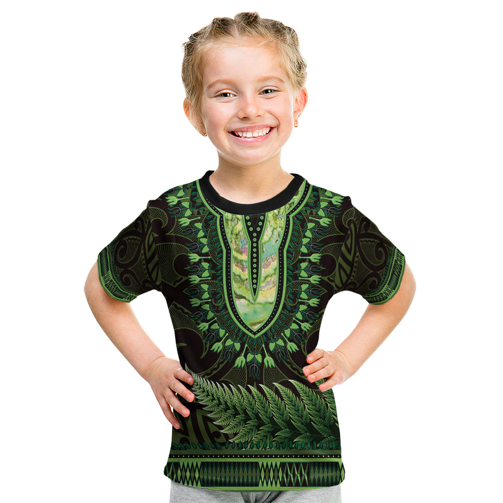 Lime Green African Dashiki With Aotearoa Maori Kid T Shirt Paua Shell Mix Silver Fern LT14 Lime Green - Polynesian Pride