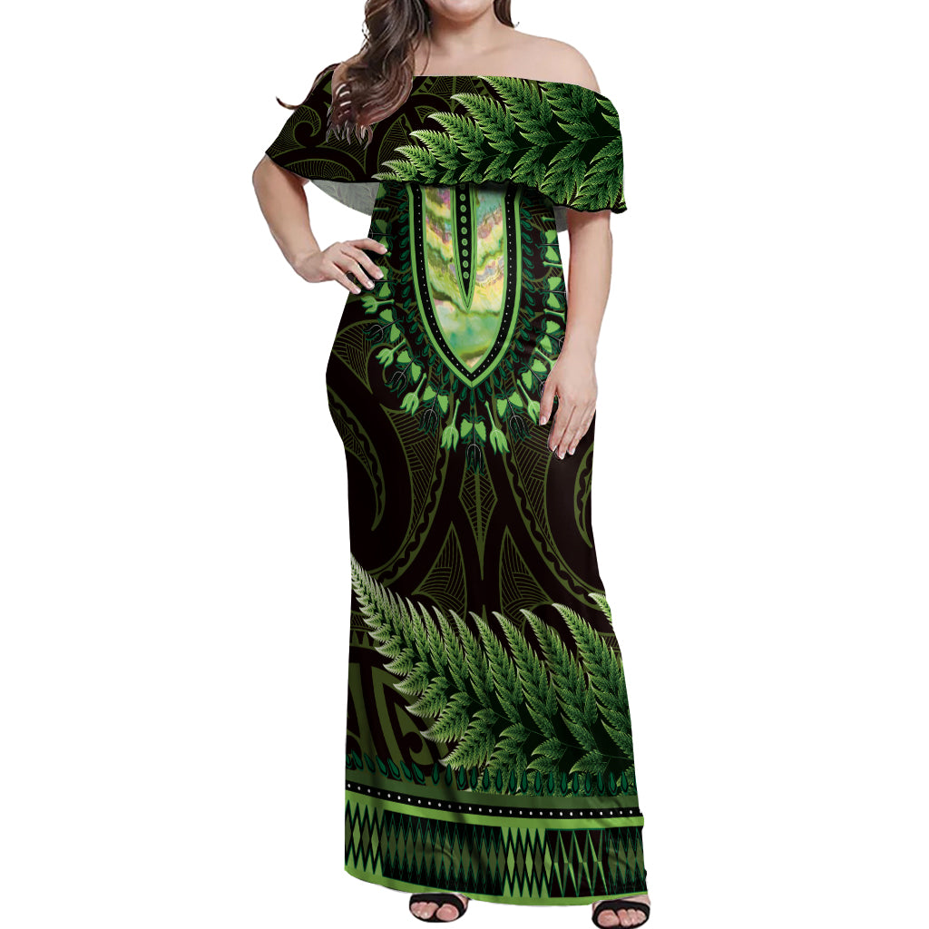Lime Green African Dashiki With Aotearoa Maori Off Shoulder Maxi Dress Paua Shell Mix Silver Fern LT14 Women Lime Green - Polynesian Pride