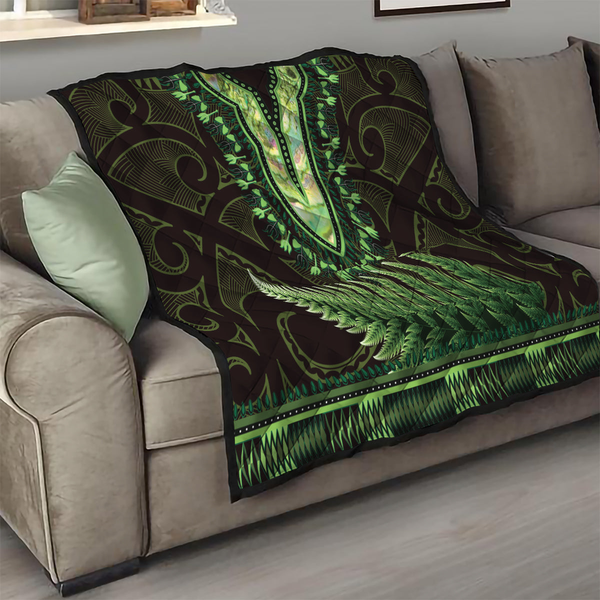 Lime Green African Dashiki With Aotearoa Maori Quilt Paua Shell Mix Silver Fern