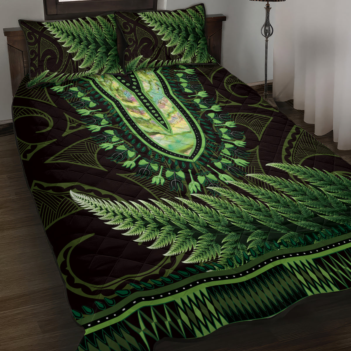 Lime Green African Dashiki With Aotearoa Maori Quilt Bed Set Paua Shell Mix Silver Fern