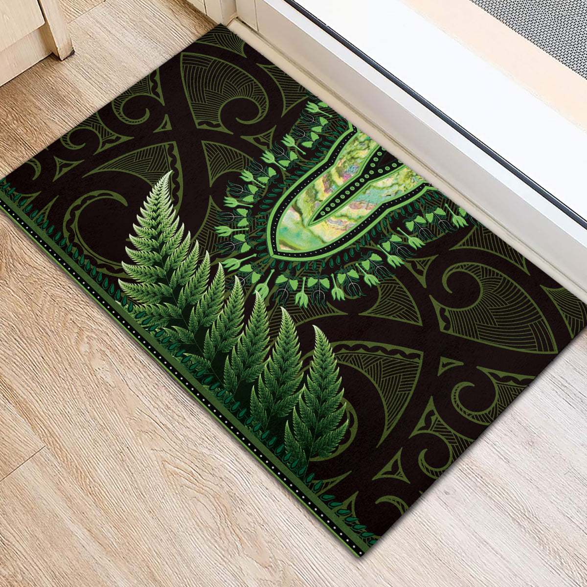Lime Green African Dashiki With Aotearoa Maori Rubber Doormat Paua Shell Mix Silver Fern