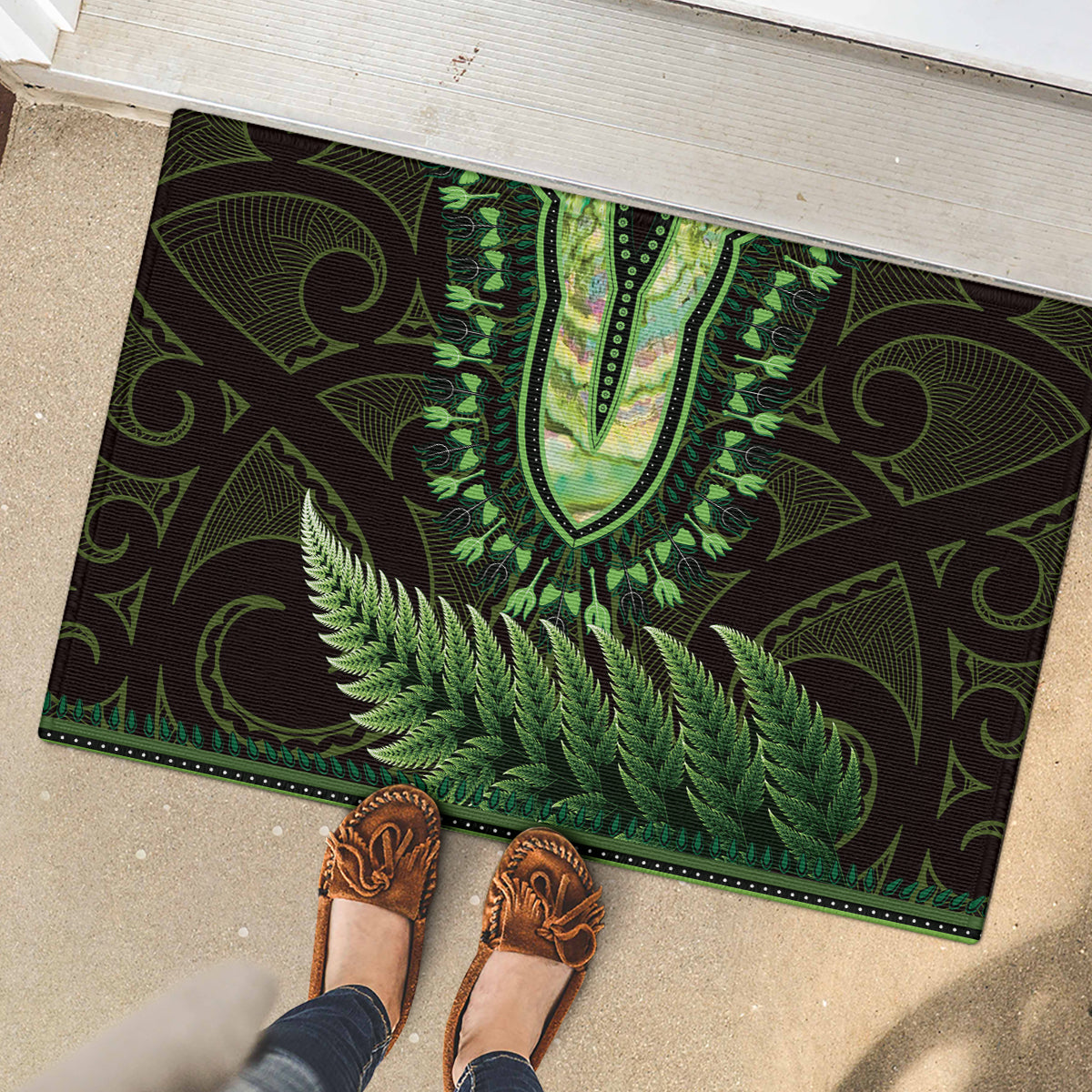 Lime Green African Dashiki With Aotearoa Maori Rubber Doormat Paua Shell Mix Silver Fern