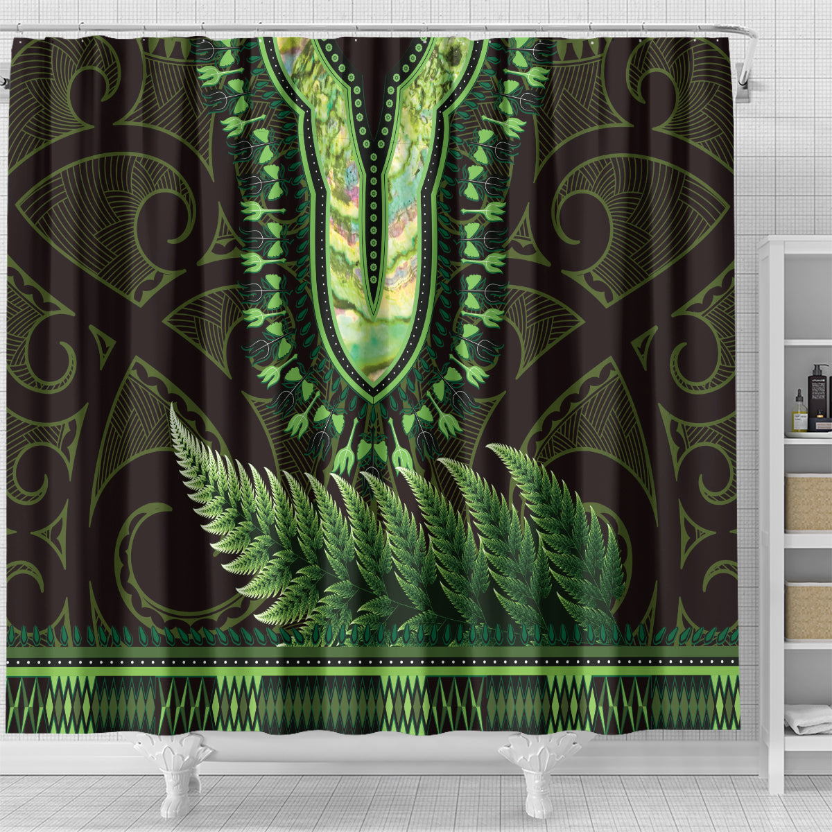 Lime Green African Dashiki With Aotearoa Maori Shower Curtain Paua Shell Mix Silver Fern