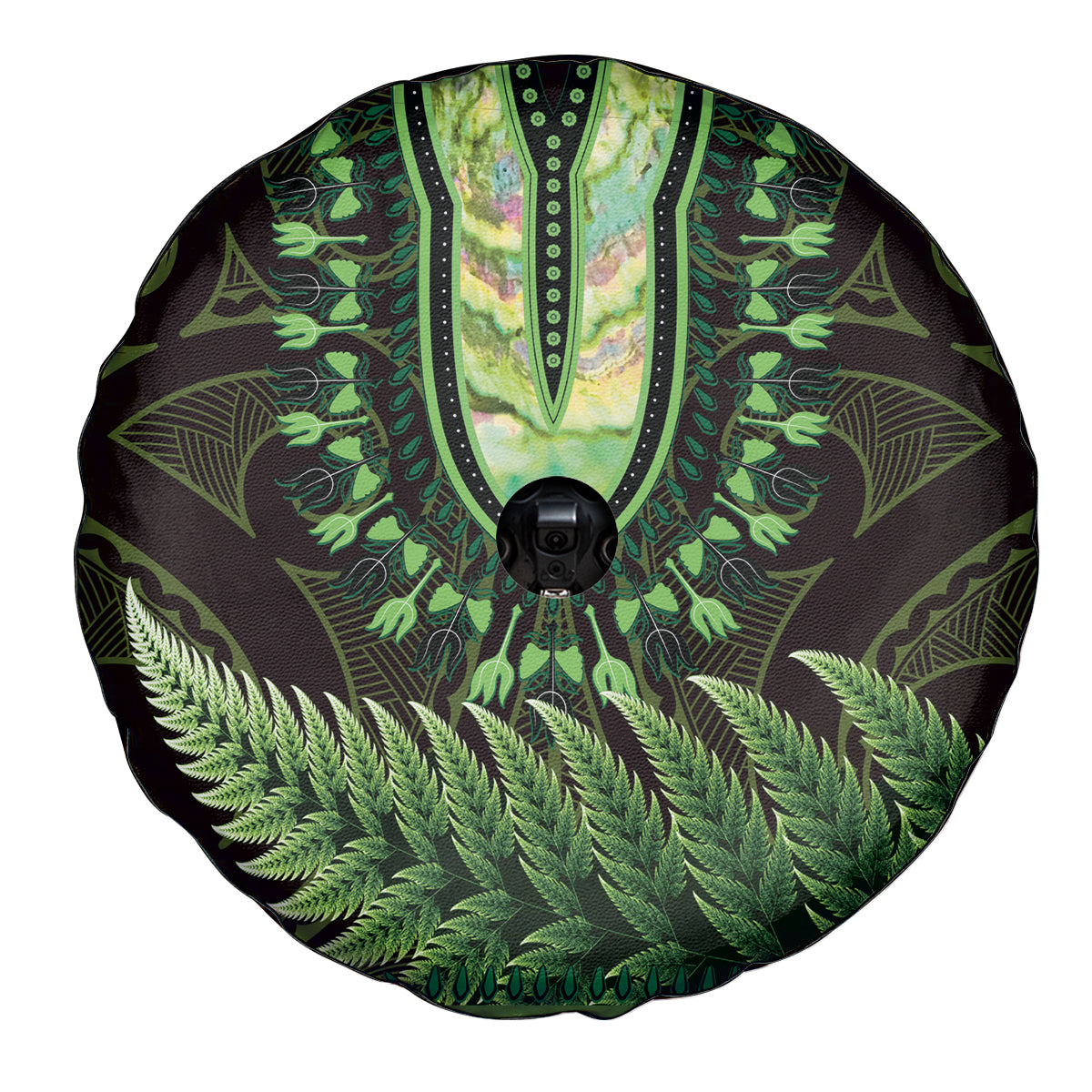 Lime Green African Dashiki With Aotearoa Maori Spare Tire Cover Paua Shell Mix Silver Fern