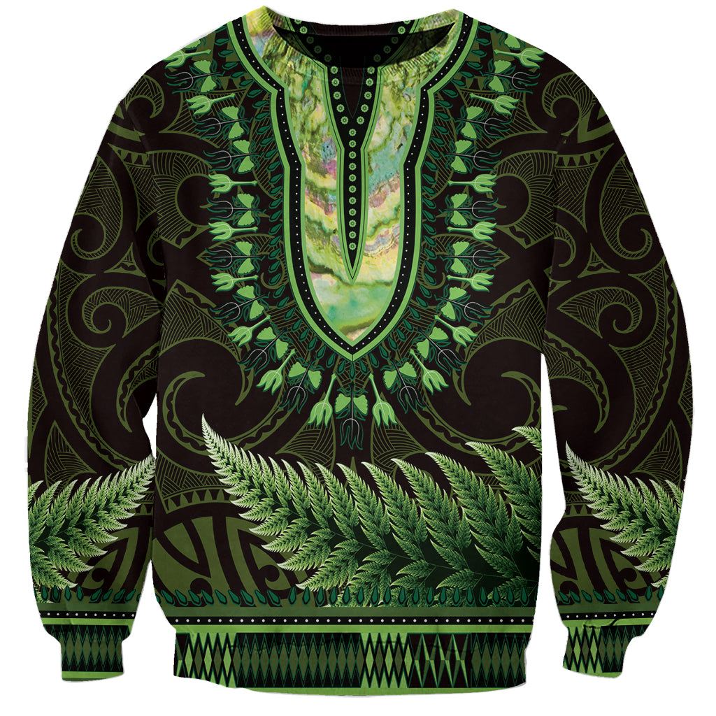 Lime Green African Dashiki With Aotearoa Maori Sweatshirt Paua Shell Mix Silver Fern