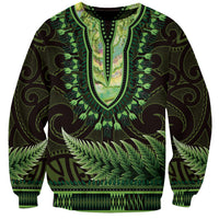 Lime Green African Dashiki With Aotearoa Maori Sweatshirt Paua Shell Mix Silver Fern