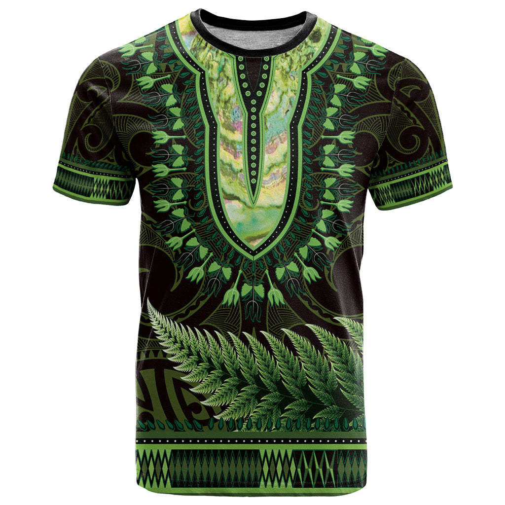 Lime Green African Dashiki With Aotearoa Maori T Shirt Paua Shell Mix Silver Fern
