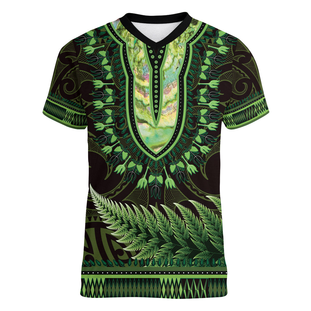 Lime Green African Dashiki With Aotearoa Maori Women V-Neck T-Shirt Paua Shell Mix Silver Fern
