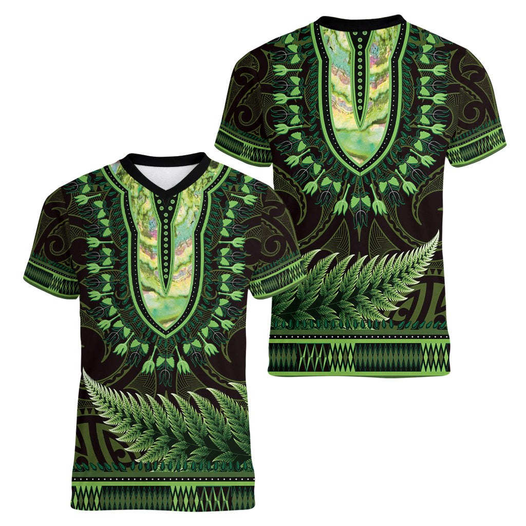 Lime Green African Dashiki With Aotearoa Maori Women V-Neck T-Shirt Paua Shell Mix Silver Fern
