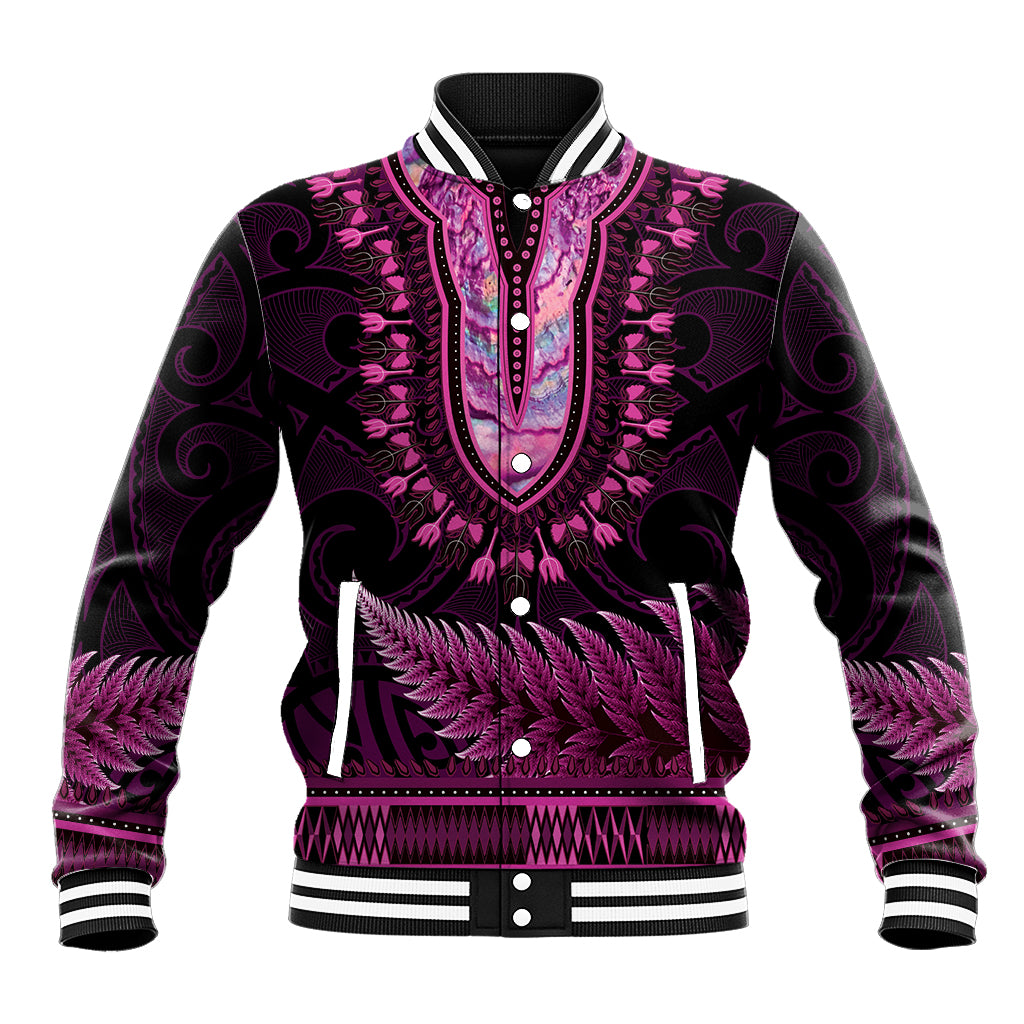Pink African Dashiki With Aotearoa Maori Baseball Jacket Paua Shell Mix Silver Fern LT14 Unisex Pink - Polynesian Pride