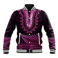 Pink African Dashiki With Aotearoa Maori Baseball Jacket Paua Shell Mix Silver Fern LT14 Unisex Pink - Polynesian Pride