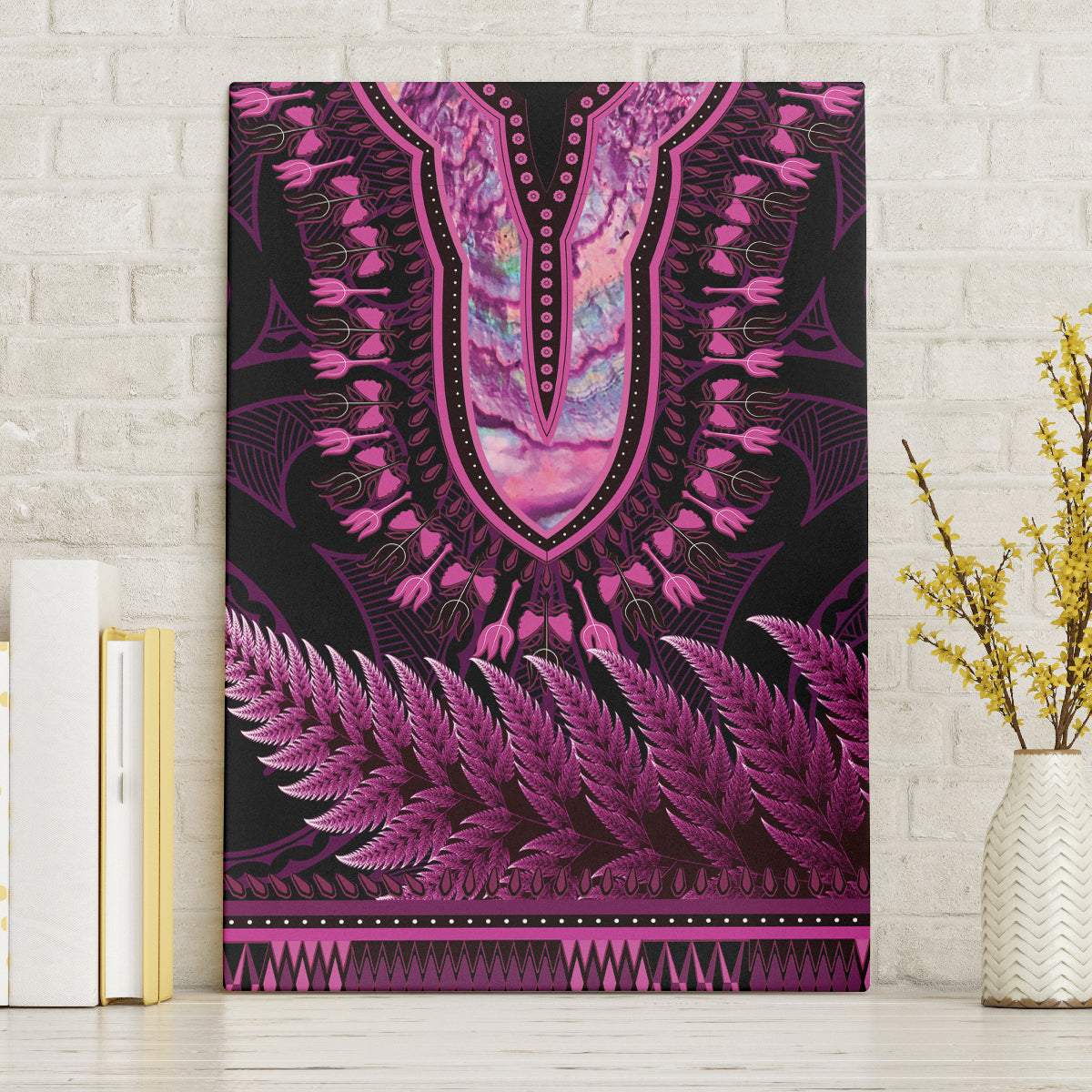 Pink African Dashiki With Aotearoa Maori Canvas Wall Art Paua Shell Mix Silver Fern