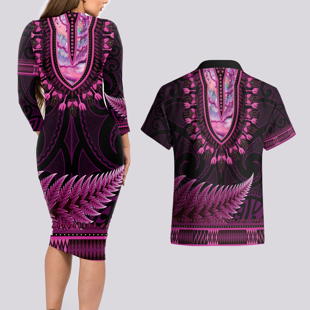 Pink African Dashiki With Aotearoa Maori Couples Matching Long Sleeve Bodycon Dress and Hawaiian Shirt Paua Shell Mix Silver Fern