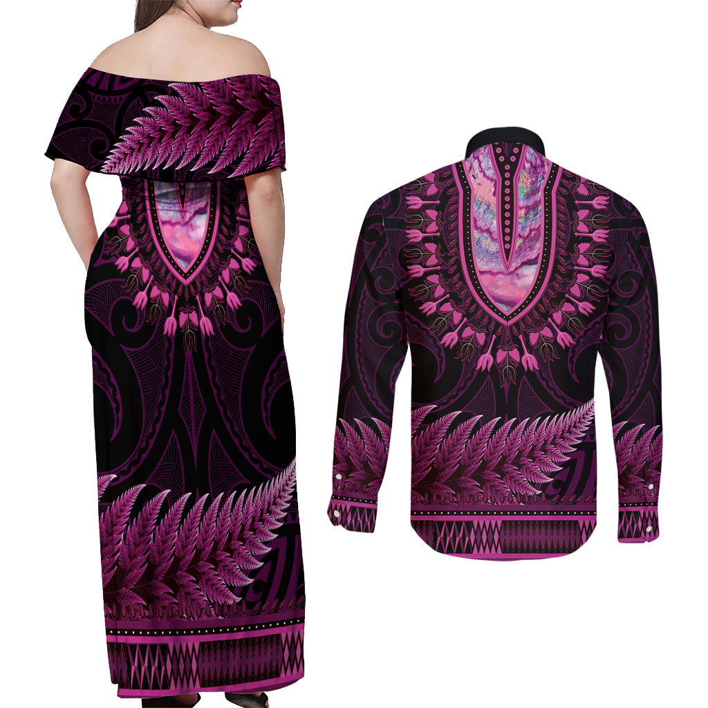 Pink African Dashiki With Aotearoa Maori Couples Matching Off Shoulder Maxi Dress and Long Sleeve Button Shirt Paua Shell Mix Silver Fern LT14 - Polynesian Pride