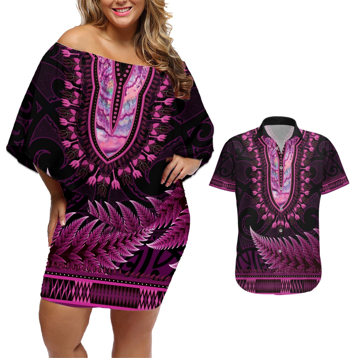 Pink African Dashiki With Aotearoa Maori Couples Matching Off Shoulder Short Dress and Hawaiian Shirt Paua Shell Mix Silver Fern LT14 Pink - Polynesian Pride